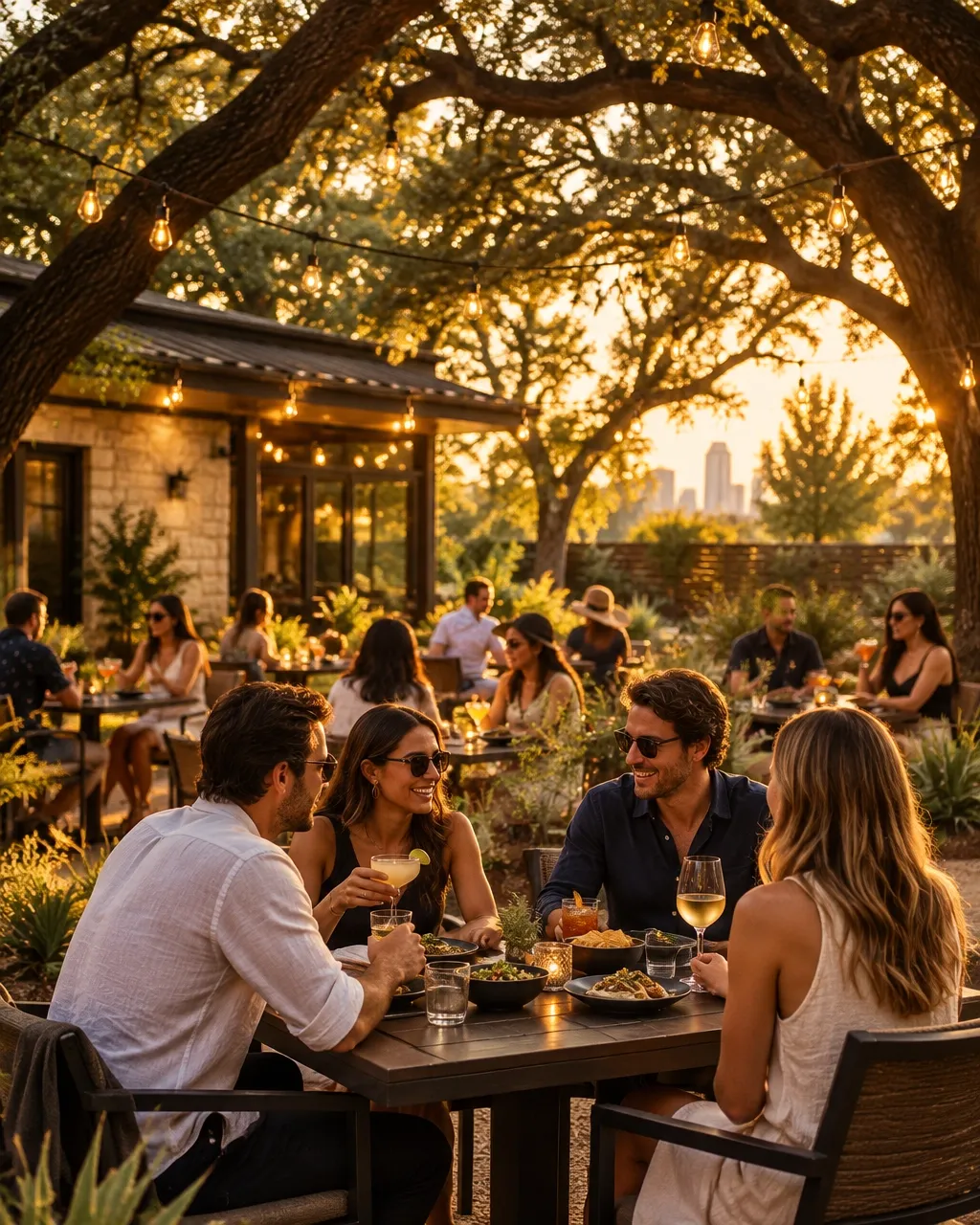 Warm patio dining under oak trees in South Austin
