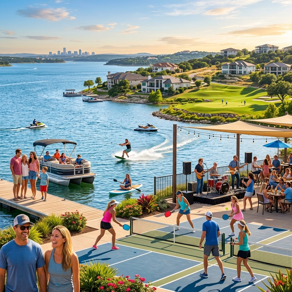 Lake Travis waterfront lifestyle showing boating, water skiing, paddleboarding, pickleball and live music with luxury Hill Country homes in background, Austin TX