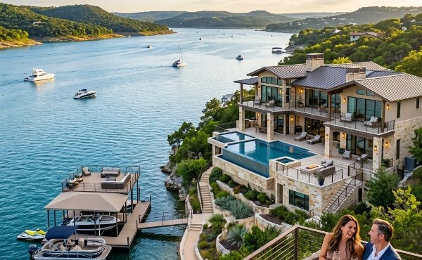 Contemporary multi-level waterfront home with a pool above a Lake Travis cove, illustrating the waterfront lifestyle of the Lago Vista 78645 market